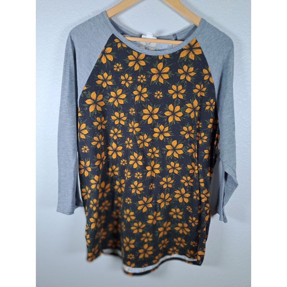 LuLaRoe Randy Baseball Tee 3XL Gray Yellow Floral Raglan 3/4 Sleeve Top
